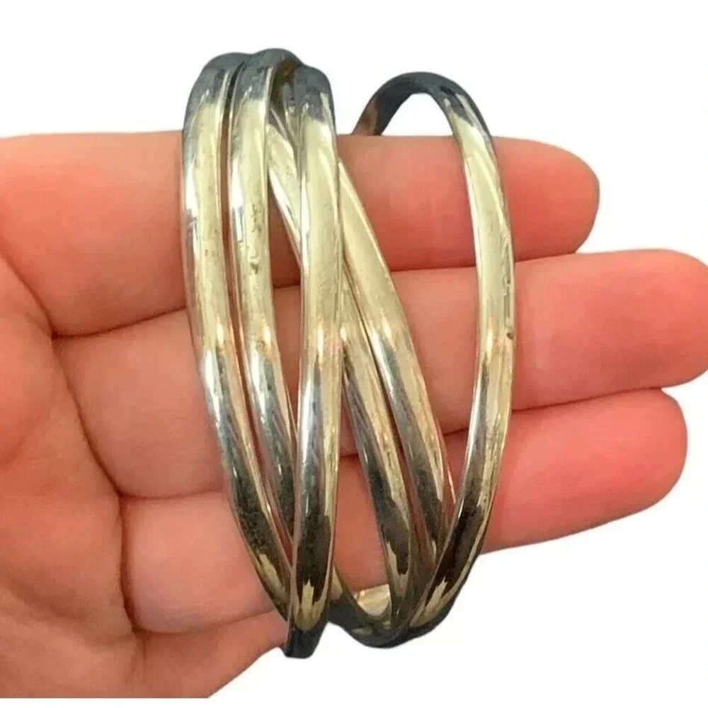 Set Of 6 Interlocking Bangle Twisted Bracelet Stack Cuff Linked Silver Womens